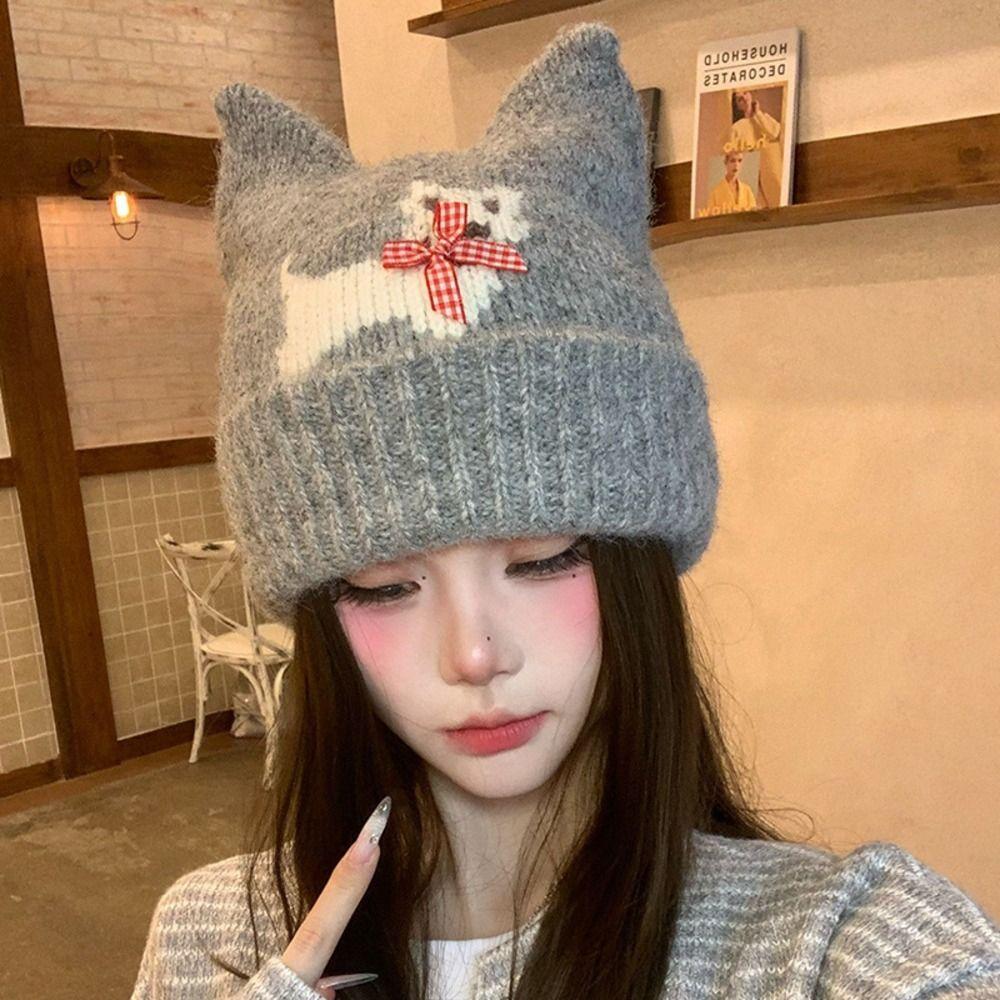 Warm Lining Cat Ear Beanie 56-58cm Puppy Pattern Earflap Hat Fleece Lined Knitted Hat For Students