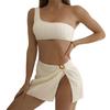 3Pcs/Set Backless Lines Texture Bikini Skirt Set One Shoulder Bra High