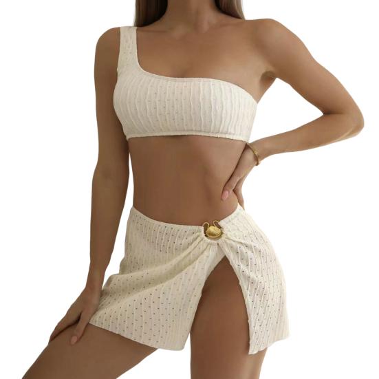 3Pcs/Set Backless Lines Texture Bikini Skirt Set One Shoulder Bra High