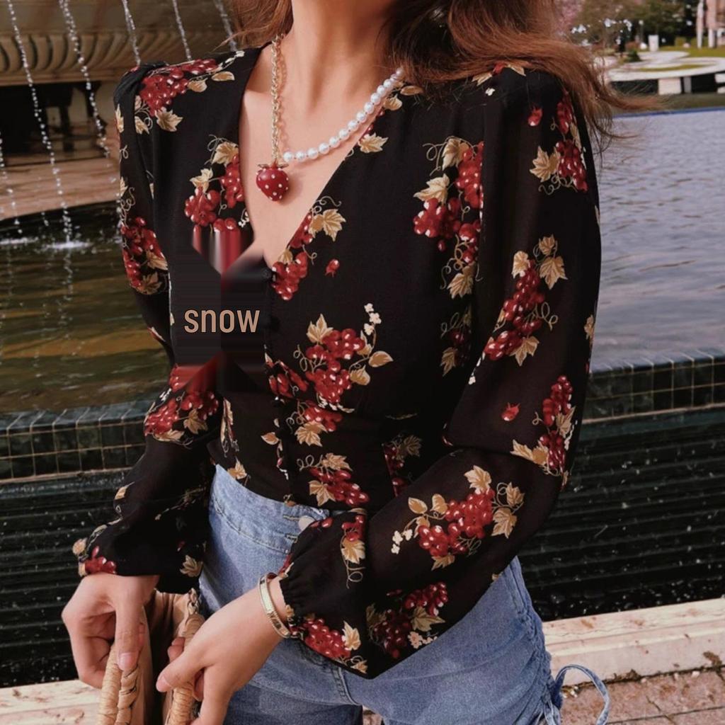 2026 Spring-Autumn Elegant Floral V-Neck Puff Sleeve Short Top for Women