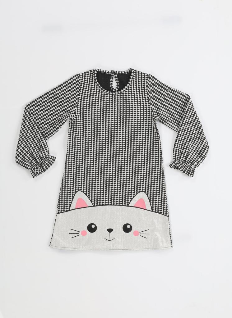 Shiny Cat Embroidered Houndstooth Girls Dress