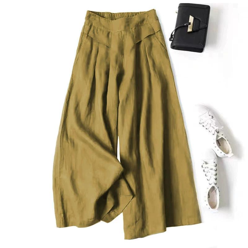 Women's Wide Leg Pants Elastic Mid Waist Cotton Linen Trousers Cropped Pants