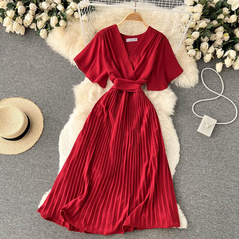 Buy RUGOD 2022 Summer New Pleated Slim Long Holiday Style Chiffon Pleated  Dress Solid Color Temperament V-neck New French Dress at affordable prices   free shipping, real reviews with photos  Joom