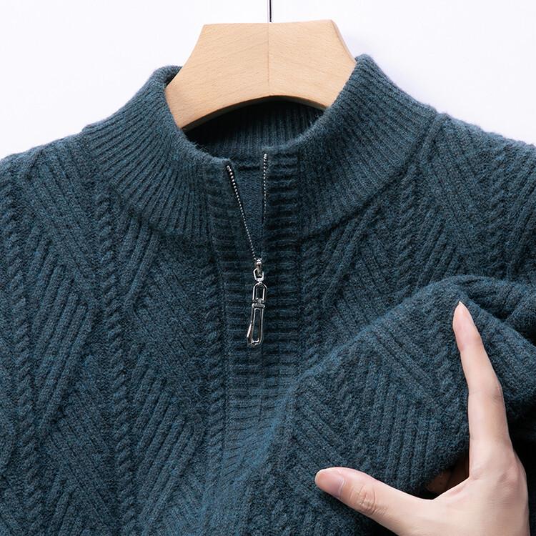 Men s Trendy Autumn/Winter Thick Knit Jacquard Half-Zip Stand Collar Sweater L