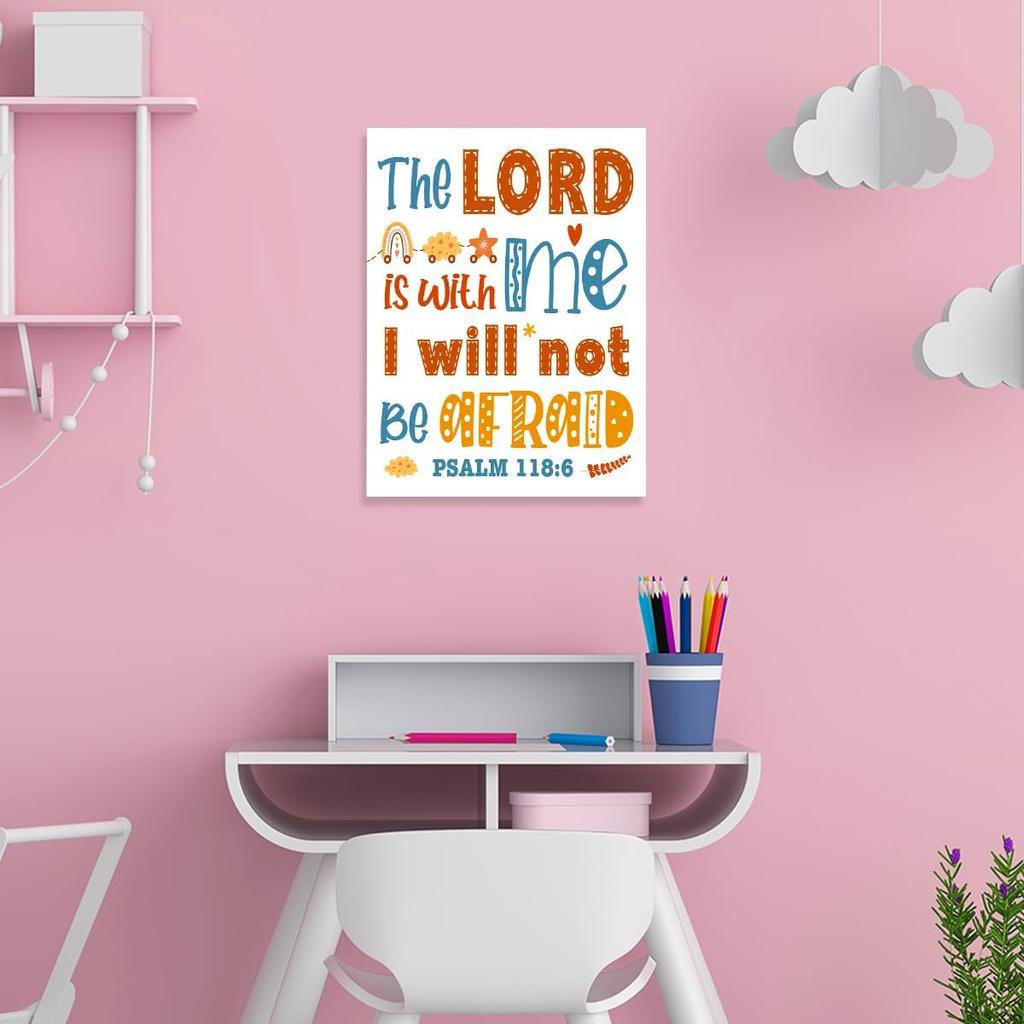 Christian Scripture Wall Art For Kids,The Lord Is With Me Psalm 118:6 pirational Bible Verse Canvas Framed Paintings Posters For Nursery Sunday