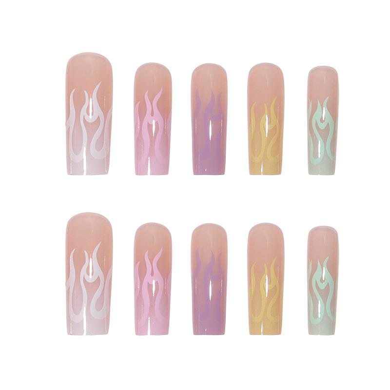 Flame Rainbow Press-On Nails Long Style INS Aesthetic Wearable Nail Tips With Glue Or Jelly Adhesive