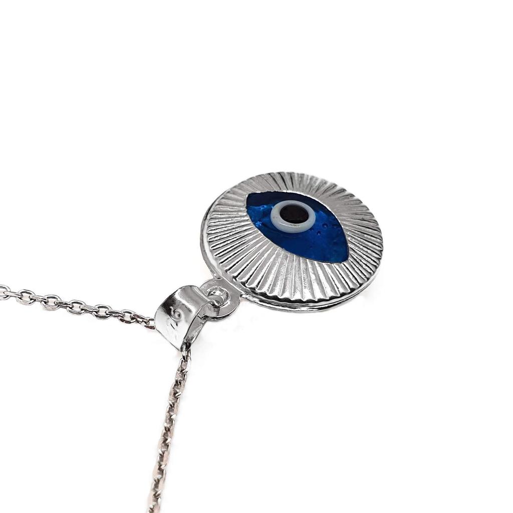 Dalia MYSTIC JEWELS – Blue Glass Eye and Sterling Silver Evil Eye Necklace – Round Turquoise Eye