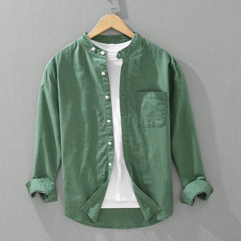 Japanese-Style Casual Cotton-Linen Stand-Collar Long-Sleeve Shirt for Men, Loose and Breathable Linen Top for Spring and Autumn