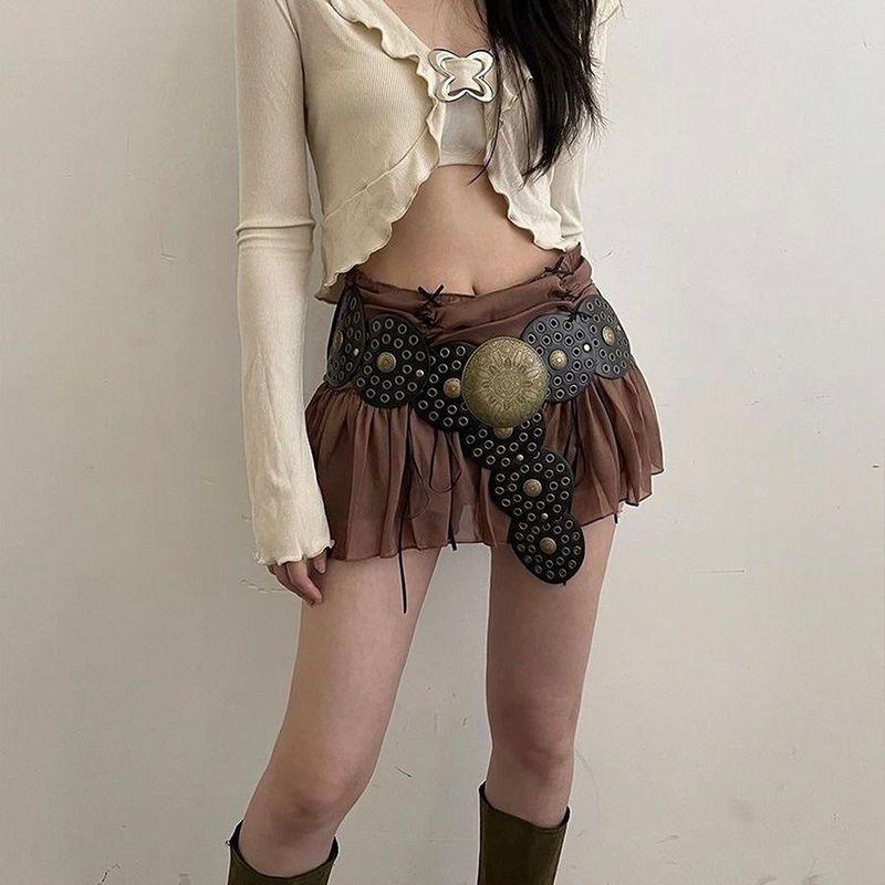 

# Sisjuly# Американский винтаж Крутое племя Заклепки Пэчворк Кольцо Декоративная юбка Женщины Гяру Все-в-одном Пояс Black A