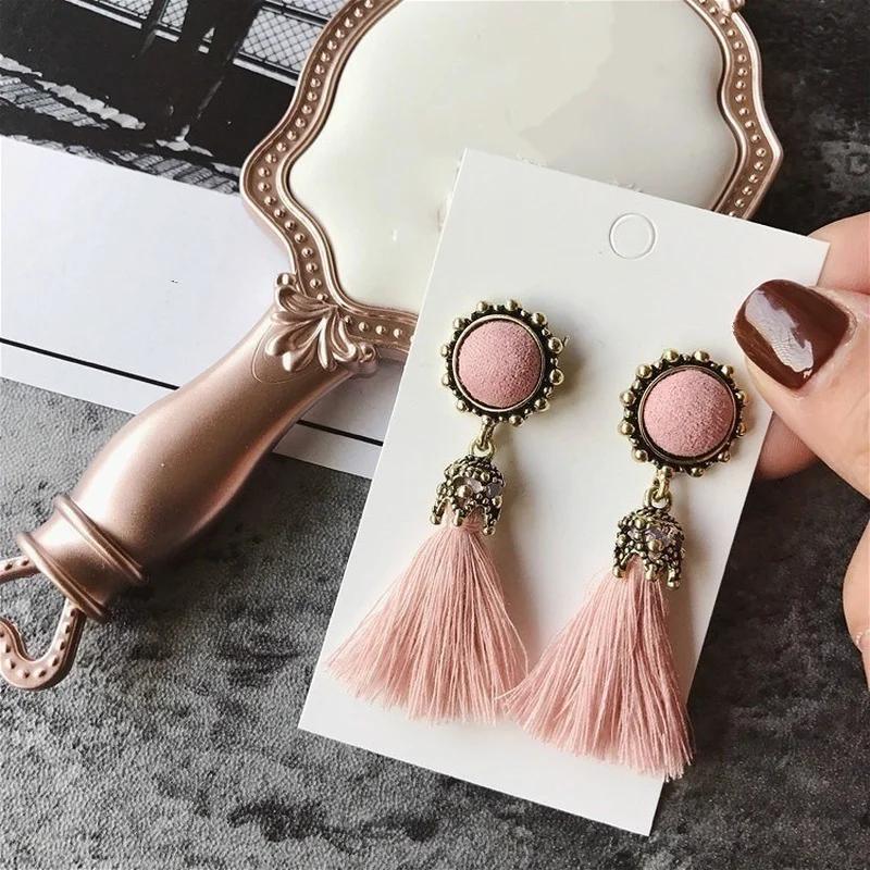 1Pair Bohemian Long Drop Vintage For Women Bright Brick Flower Long Tassel Drop Earrings Dangle