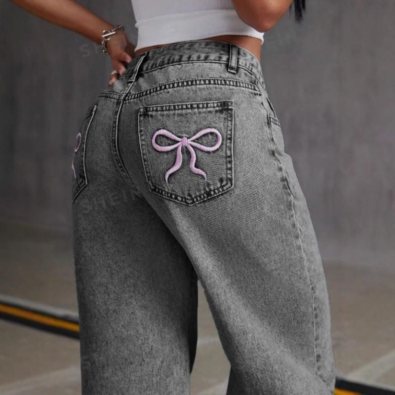 Womens High-Waisted Straight Leg Denim Jeans With Embroidered Bow Detail Casual Streetwear 2025