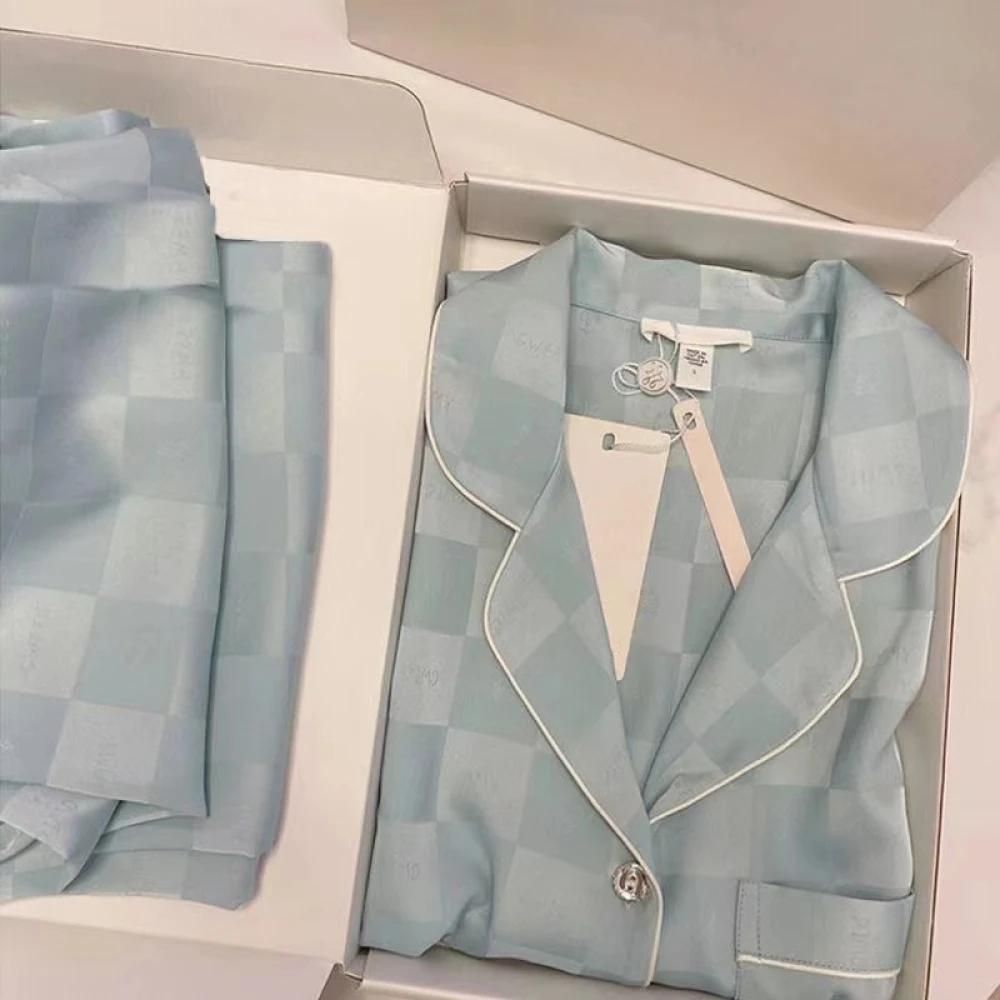 Jarní podzimní žakárové ledové hedvábí dámské pyžamo dvoudílné sady s dlouhým rukávem a kalhotami na spaní klasické elegantní dámské domácí oblečení