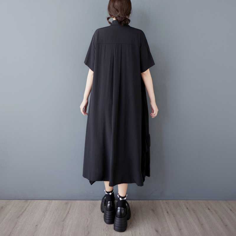 Summer Black Fungus Lace Shirt Dress, Loose and Fashionable Mid Length Dress