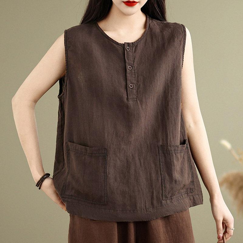 Women Vintage Cotton Linen Sleeveless Vest Button Design Loose Fit All Match Art Style Summer New Casual Tank Top