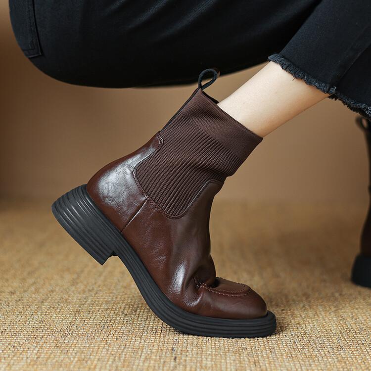 Fashion NEW Autumn Women Boots Split Leather Shoes for Women Round Toe Chunky Heel Shoes Slip-on Chelsea Boots Casual Weave Ankle Boots