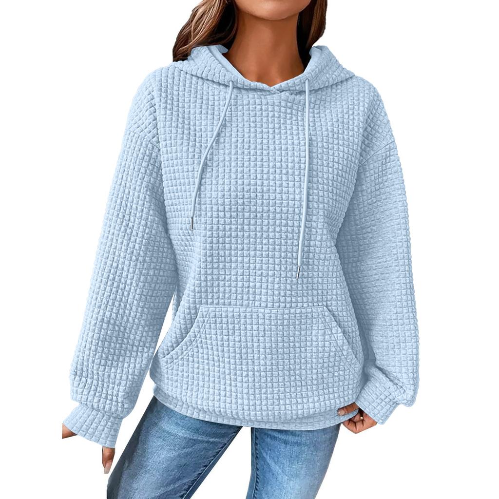 Women's Fashion Loose Hooded Pullover Long Sleeve Patchwork Plaid Sweat Drawstring Shoulder Strap Pocket Top