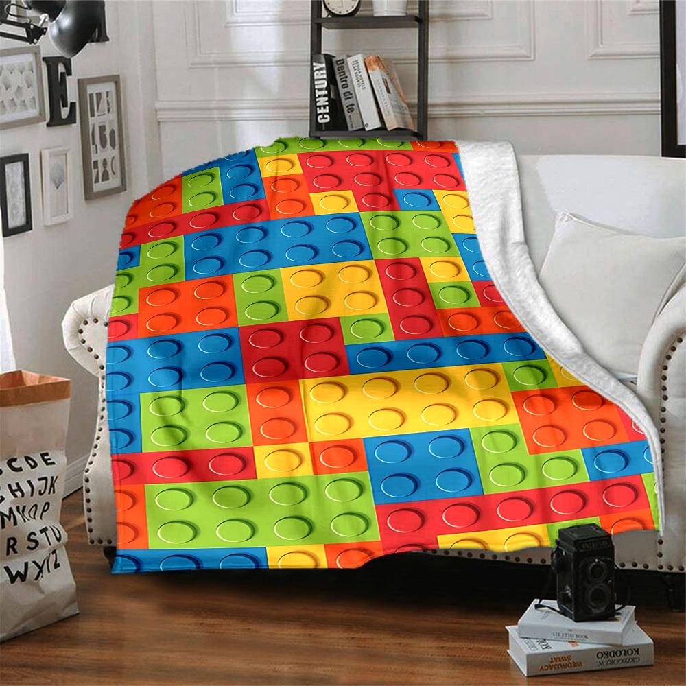 1pc Building Block Jigsaw Puzzle Blanket, Lightweight Flannel Throw Blanket for Sofa, Bed, Travel, Camping, Living Room, Office, Couch041