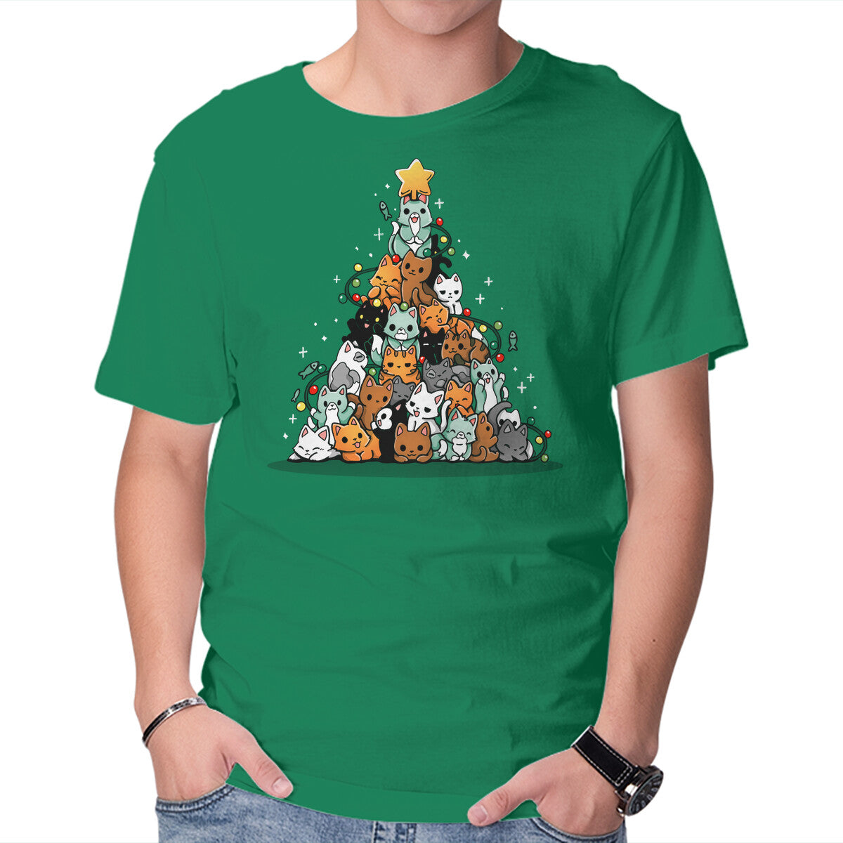 Unisex Crew Neck T-Shirt Christmas Tree Kittens Graphic Short Sleeve Casual Tee XXL
