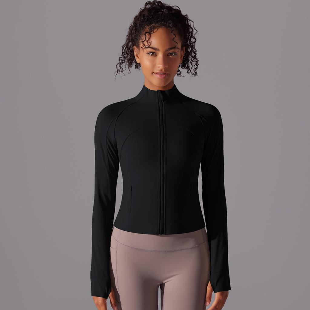Stand Collar Long Zipper Long Sleeve Coat Brushed Tight Sports Running Fitness Yoga Clothing Top For Women