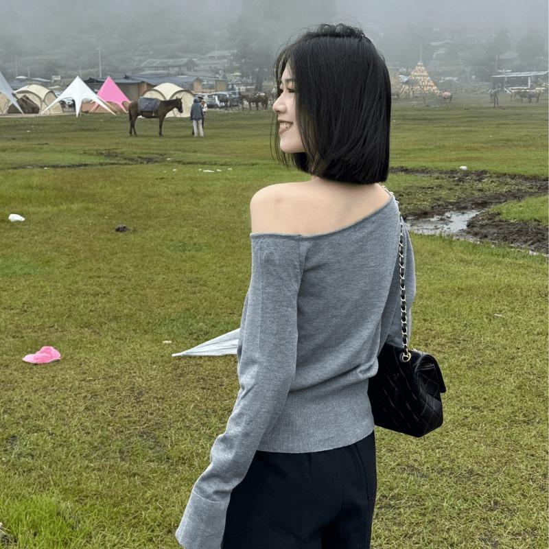 Fashion Off Shoulder Long Sleeve Knitted Sweaters Autumn Irregular Skew Neck Sexy Knitted Women Sweater Split Tops Winter Slim Casual Pullovers 25351