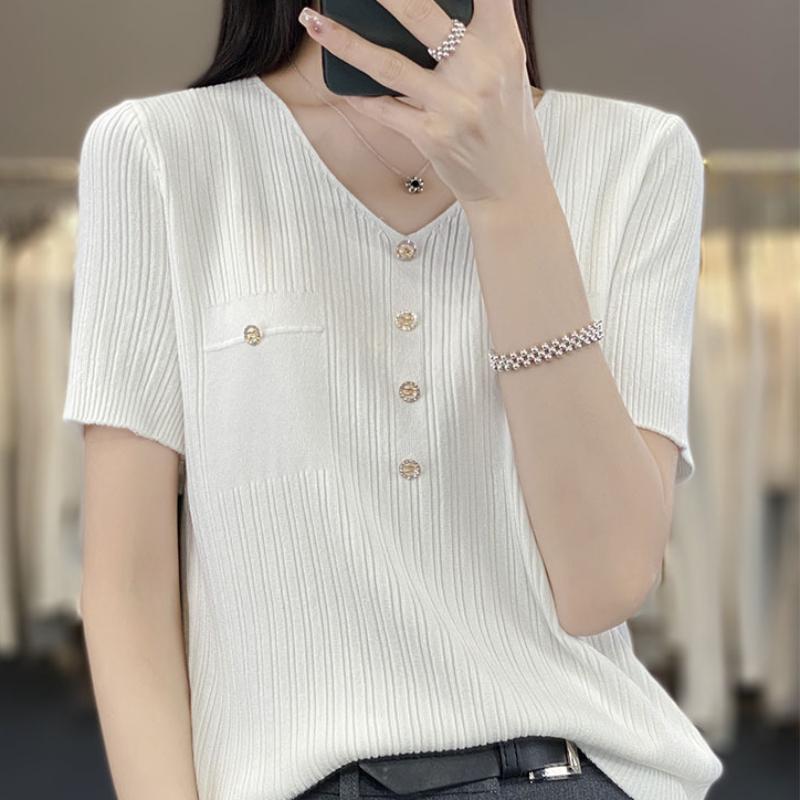 V-neck Ice Silk Knitted Short-sleeved T-shirt for Women Thin Summer New Casual Slim and Versatile Base Shirt Top