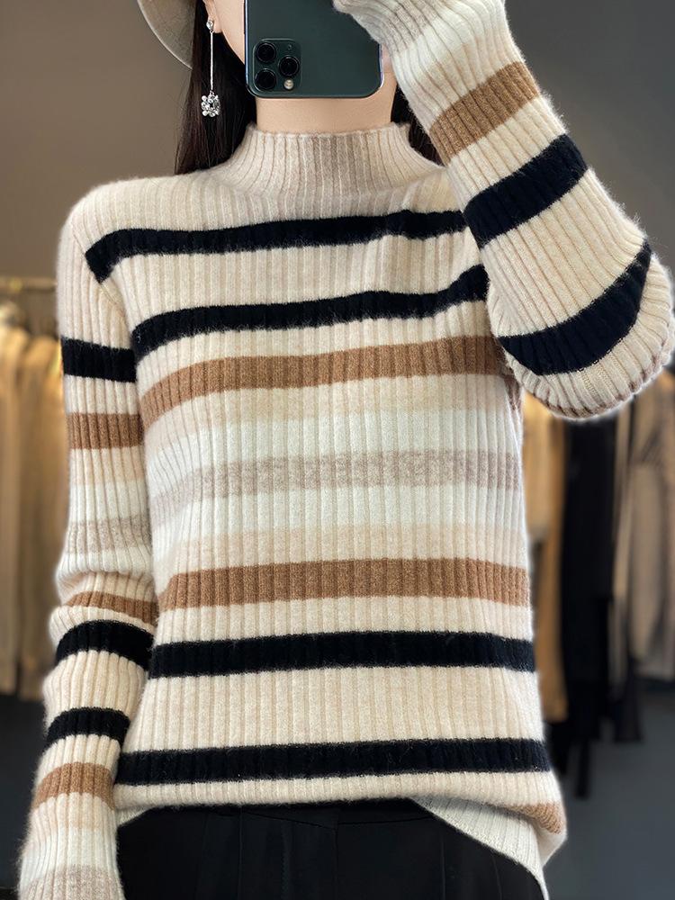 Autumn and winter new semi-turtleneck striped knitted sweater pullover female slim slim slim bottom women's sweater striped