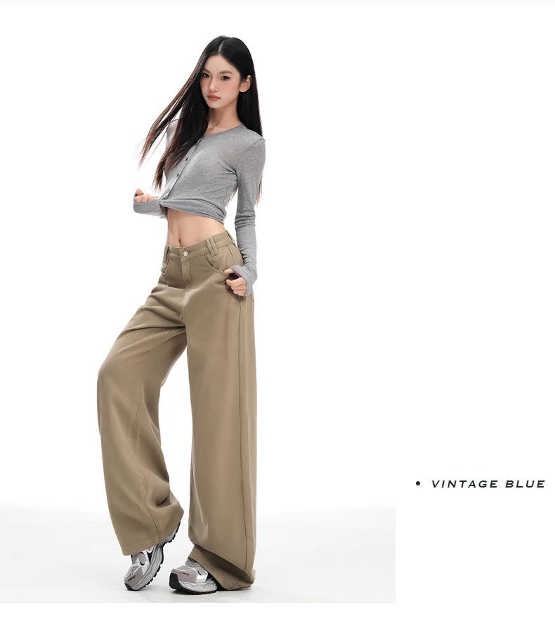 Women's American Retro Wide-Leg High-Waist Khaki Jeans - Versatile Plus Size, Autumn 2025 Collection