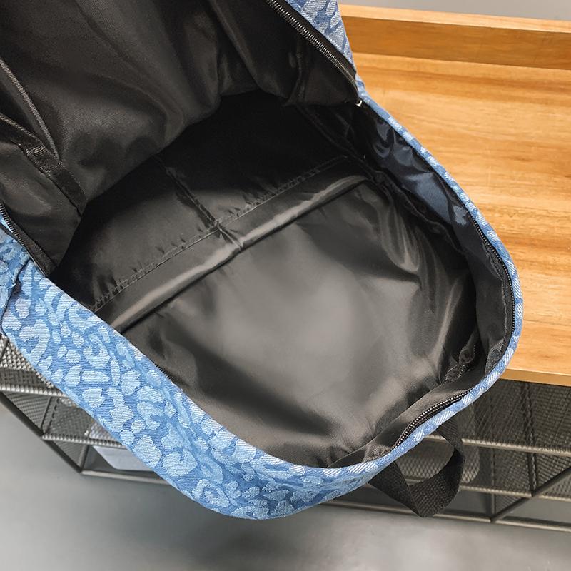 Leopard Print Denim Backpack Student Schoolbag Women Lightweight Backpack