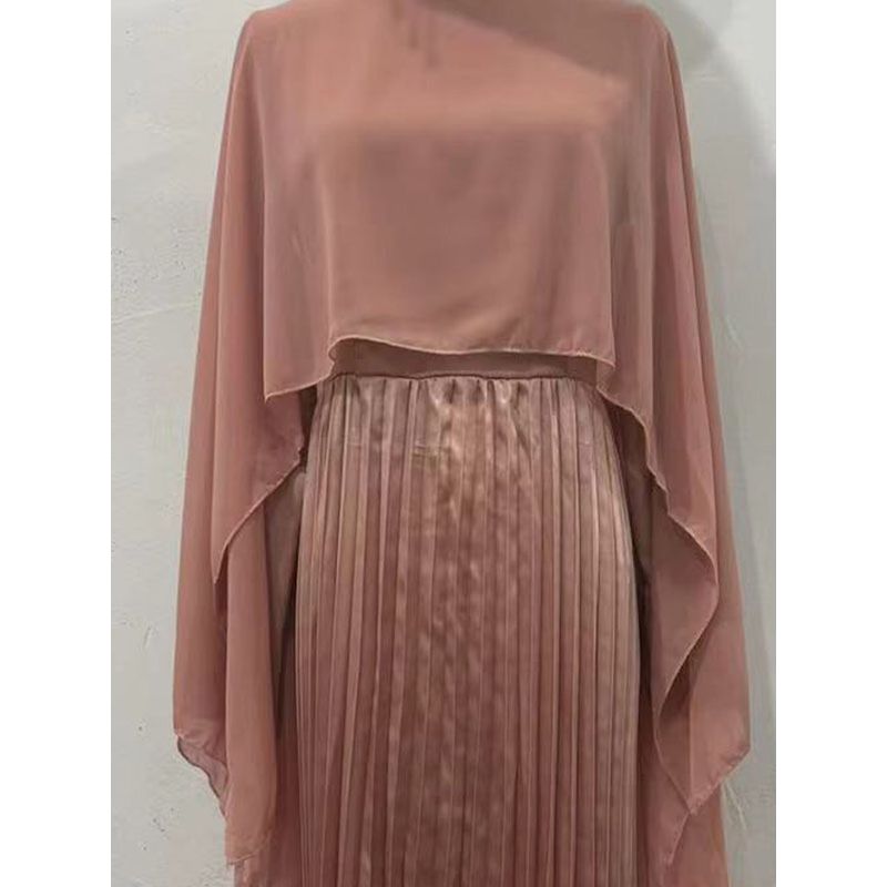 Cross-Border 2025 Autumn Pink Pleat Temperament Waist Hugging Long sleeve Pleated Big Hemline Dress Long Wrap Set Dress