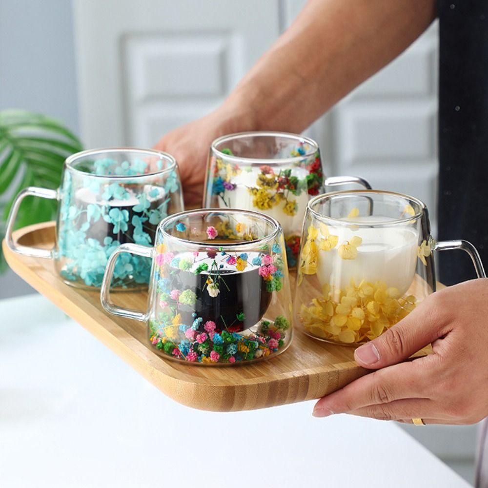 Coffee Tea Cup Double Wall Mug Milk Mug Clear Glass Cup Creative Dried Flower Glass Cup  Restaurant