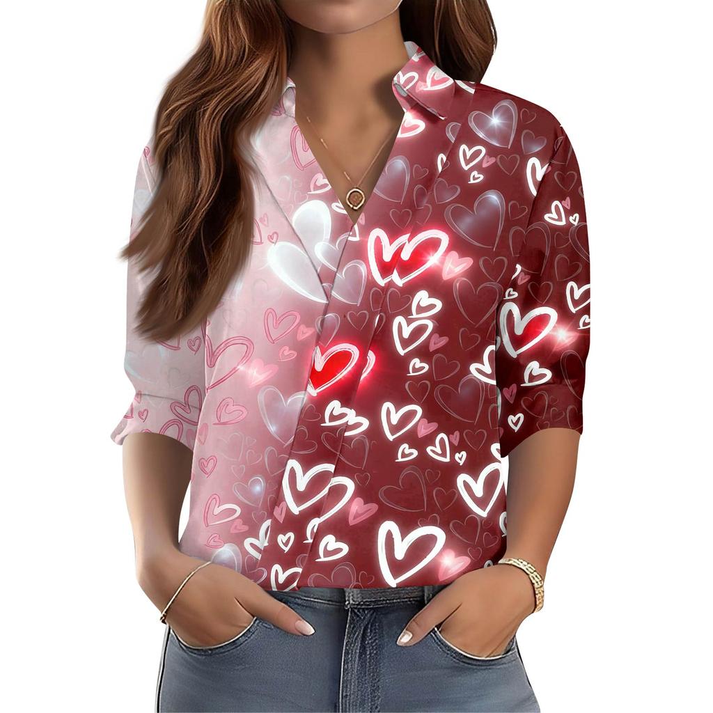 Women's 3/4-Sleeve V-Neck Shirt Printed Workwear Casual Regular Shirt Collar Top