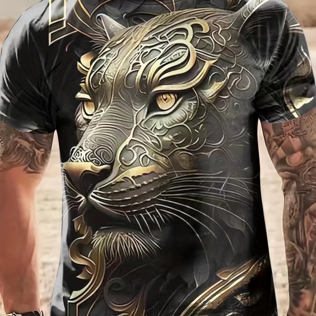 Men's Totem Lion Graphic T-Shirt: 3D Digital Print, Active Stretch, Perfect For Summer Outdoors!