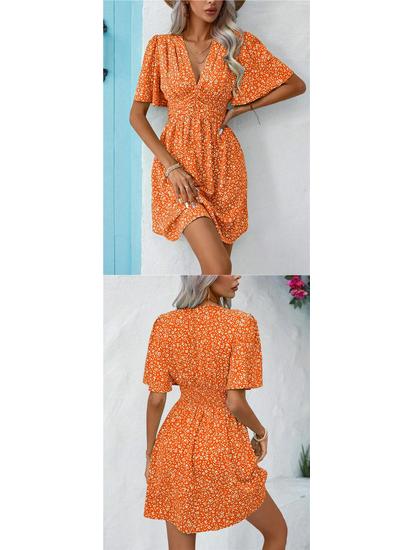Summer Floral V-Neck Midi Dress with Pleated Skirt and Mid Sleeves