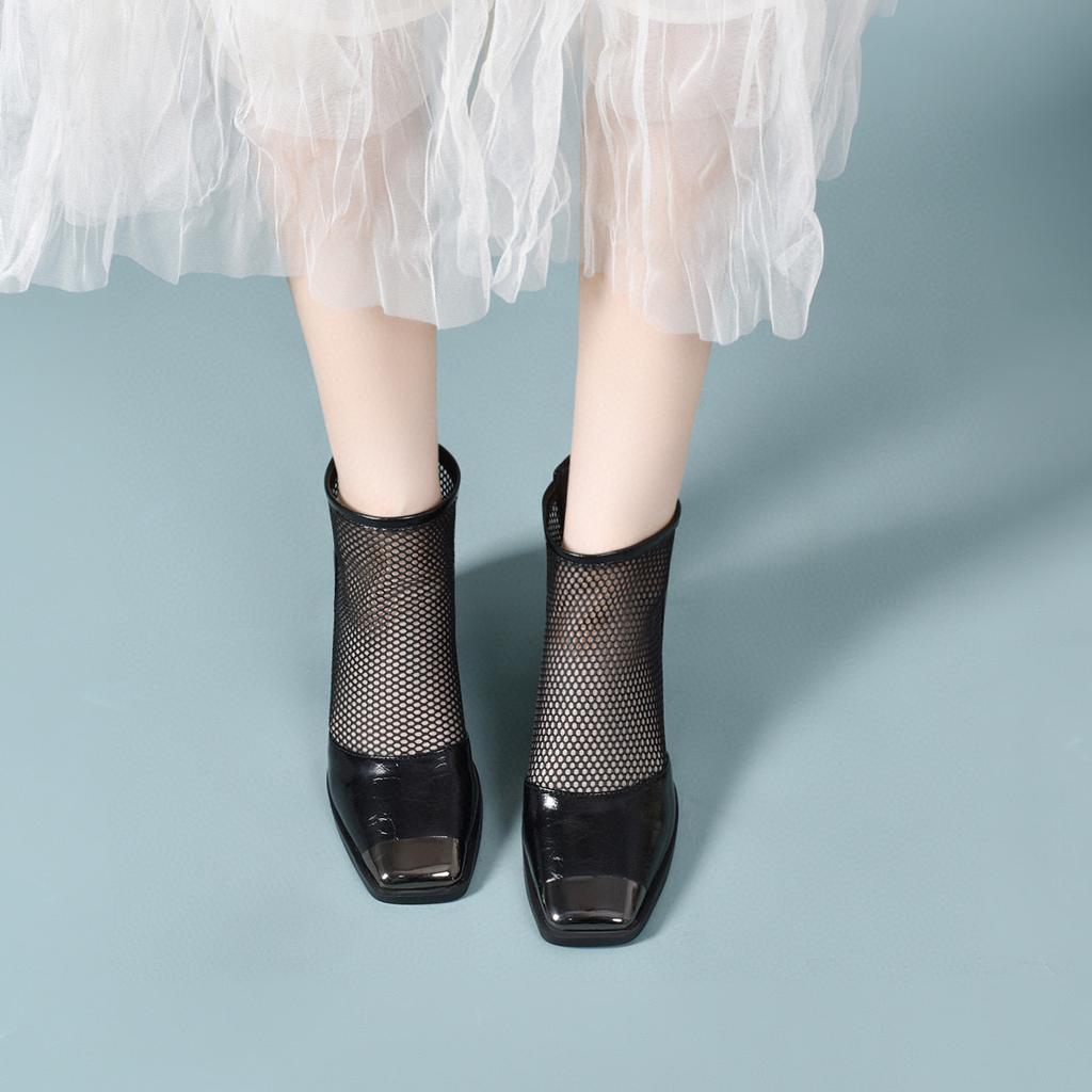 High-heeled Mesh Single Shoes New Personalized Iron Bag Head Thick Heel Rear Zipper Cool Boots Women's Shoes High Heels