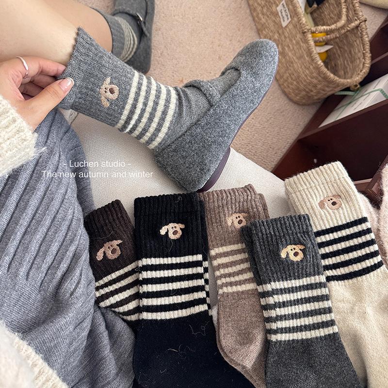 Korean Style Women's Mid-Calf Socks - Autumn/Winter Striped, Cartoon Puppy Embroidery, Warm Vintage Design