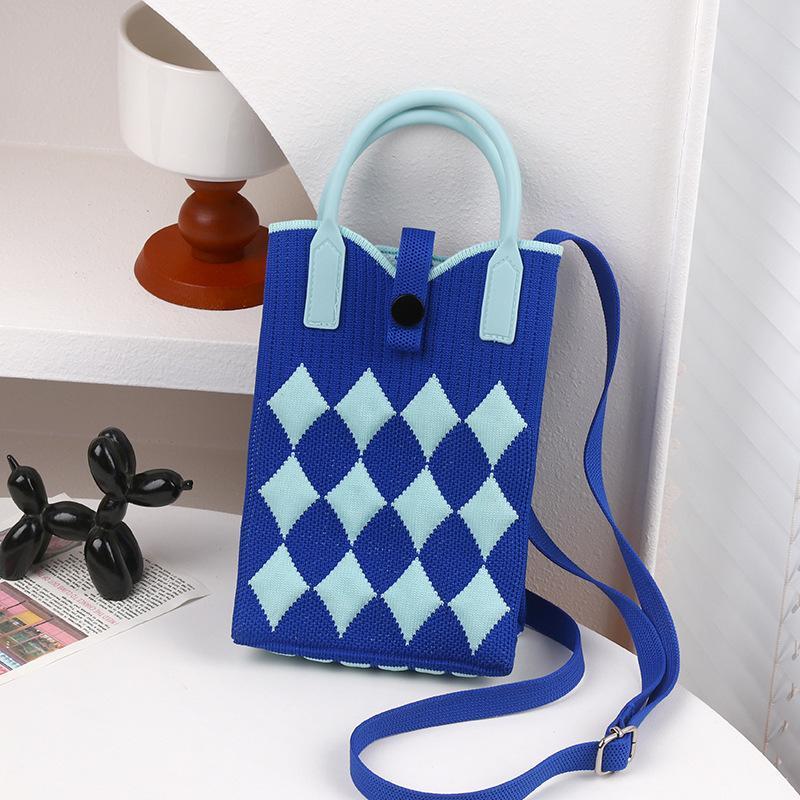 Knitted Mini Tote Bag Sweet Argyle Diamond Pattern Button Closure Soft Knit Handbag for Women Valentine's Day Gifts