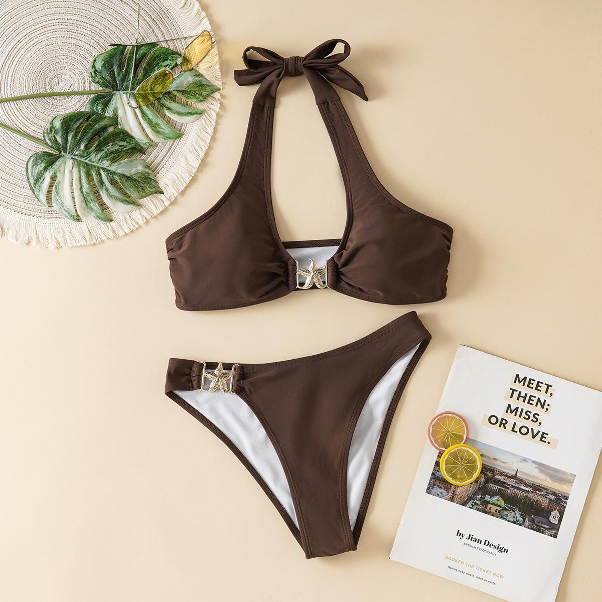

Женские купальники, сексуальные, однотонные, с завязками на шее, с заниженной талией, с завязками на шее, с завязками на талии, купальник из двух частей, комплект бикини, пляжная одежда, купальные костюмы, купальные костюмы XL коричневый