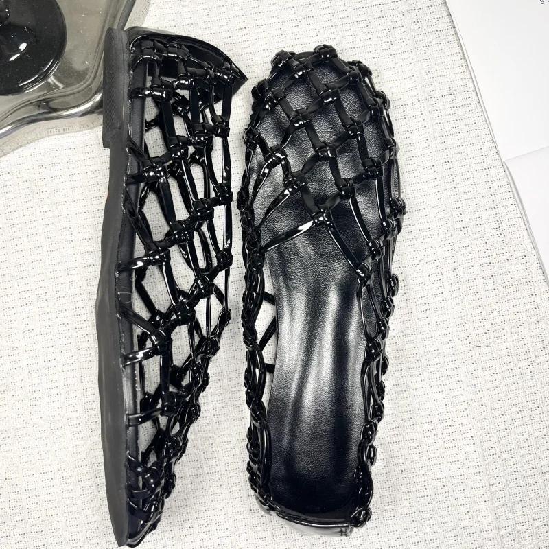 Fashion Women Jelly Flats Mesh Ballet Square Toe Fashion Slip-On Flats Lightweight Casual Slides Women Sandals Breathable Summer Beach