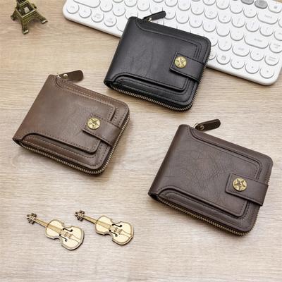 Men Faux Leather Wallet Large Capacity Wallet with ID Window Zipper Button Vintage Front Pocket Anti-Theft Multi-Slots Credit Card Holder