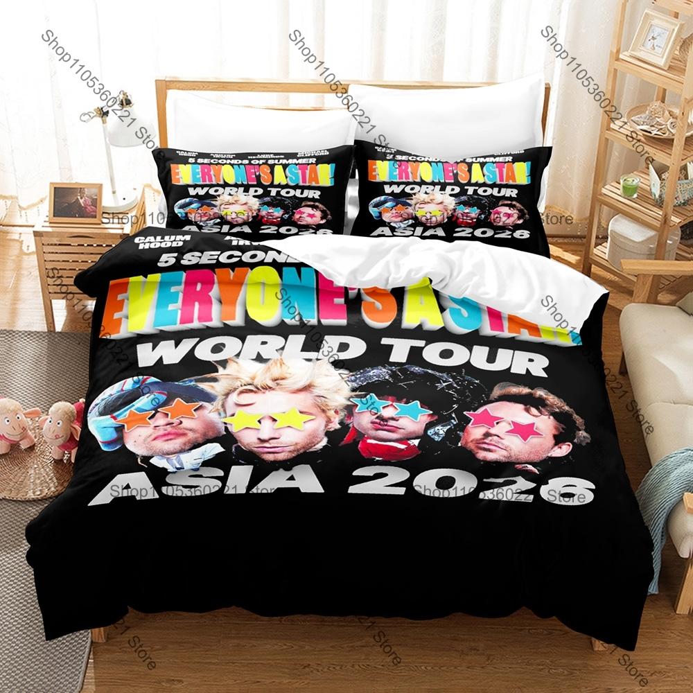 Ensemble de literie 3 pièces 5 Seconds of Summer World Tour Housse de couette taie d'oreiller groupe de musique 5SOS Ensemble couette de lit Everyone's A Star 100x130CM