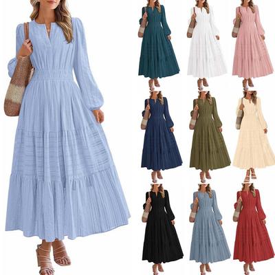 Women's Spring Summer Elegant V-Neck Ruched Waist Flared Long Sleeve Maxi Dress Fashion Casual Party Dress