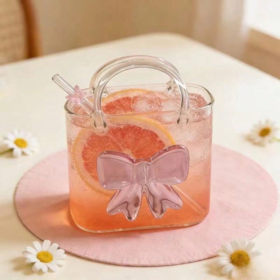Glass Handbag Glass, Cocktail Straw Glass, Creative High Beauty Beverage Glass, High Borosilicate Glass, Bow Transparent Glass, 401-500ml