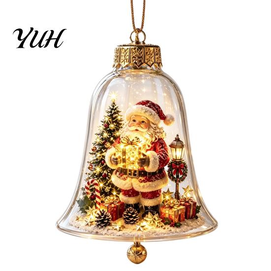 Vintage Christmas Tree Decor 3D Bell Ornament, Winter Scene Clear Decoration with Santa Holiday Home Atmosphere Enhancements Snowman Reindeer