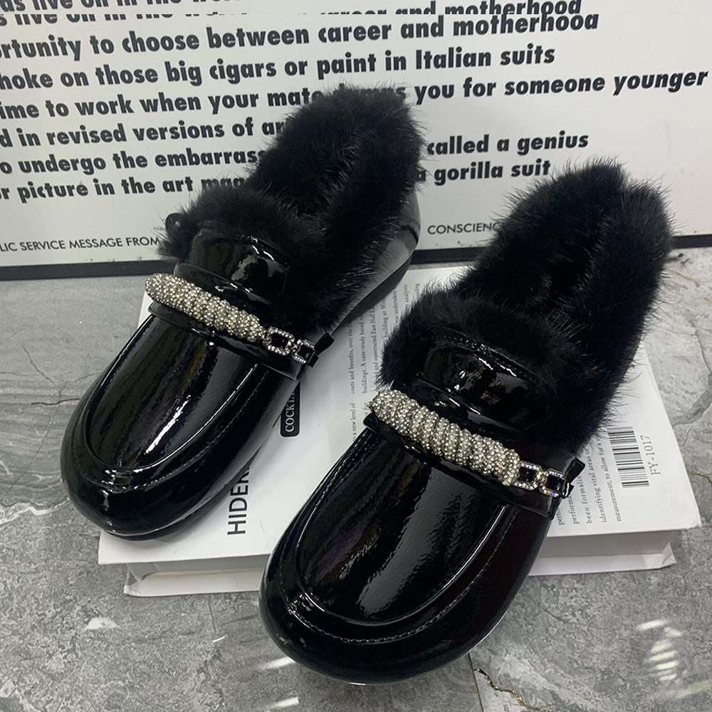 

Зимняя женская обувь на плоской подошве больших размеров, повседневные женские мюли, дизайнерские плюшевые женские лоферы, нескользящая женская обувь 36 чёрный