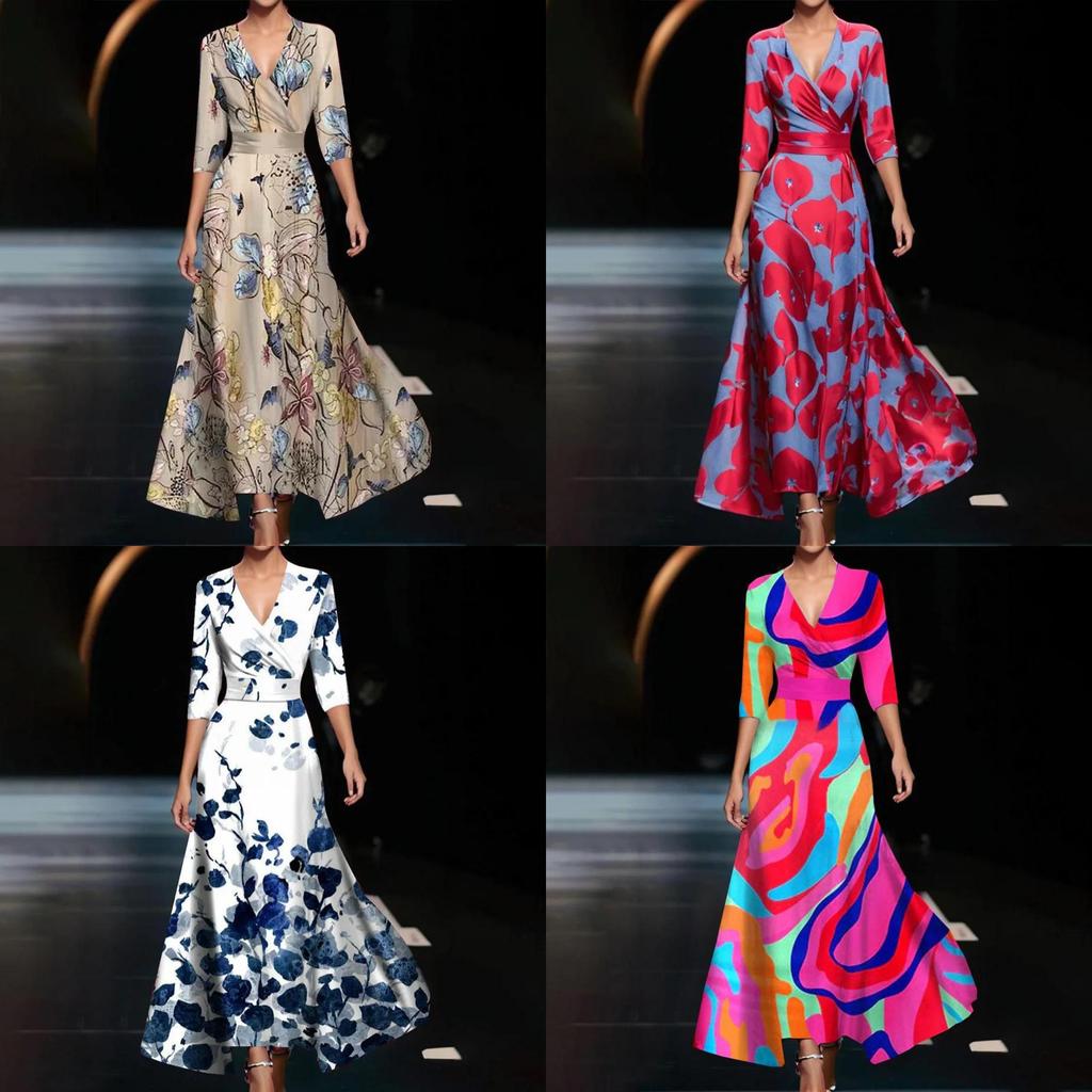 Sommer-Polyester 3D-Effekt-Print V-Ausschnitt Midi-Kleid für Büro-Chic-Frauen
