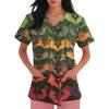 Women's Fashion V-neck Short-sleeved Work Uniform With Pockets, Halloween Print Top