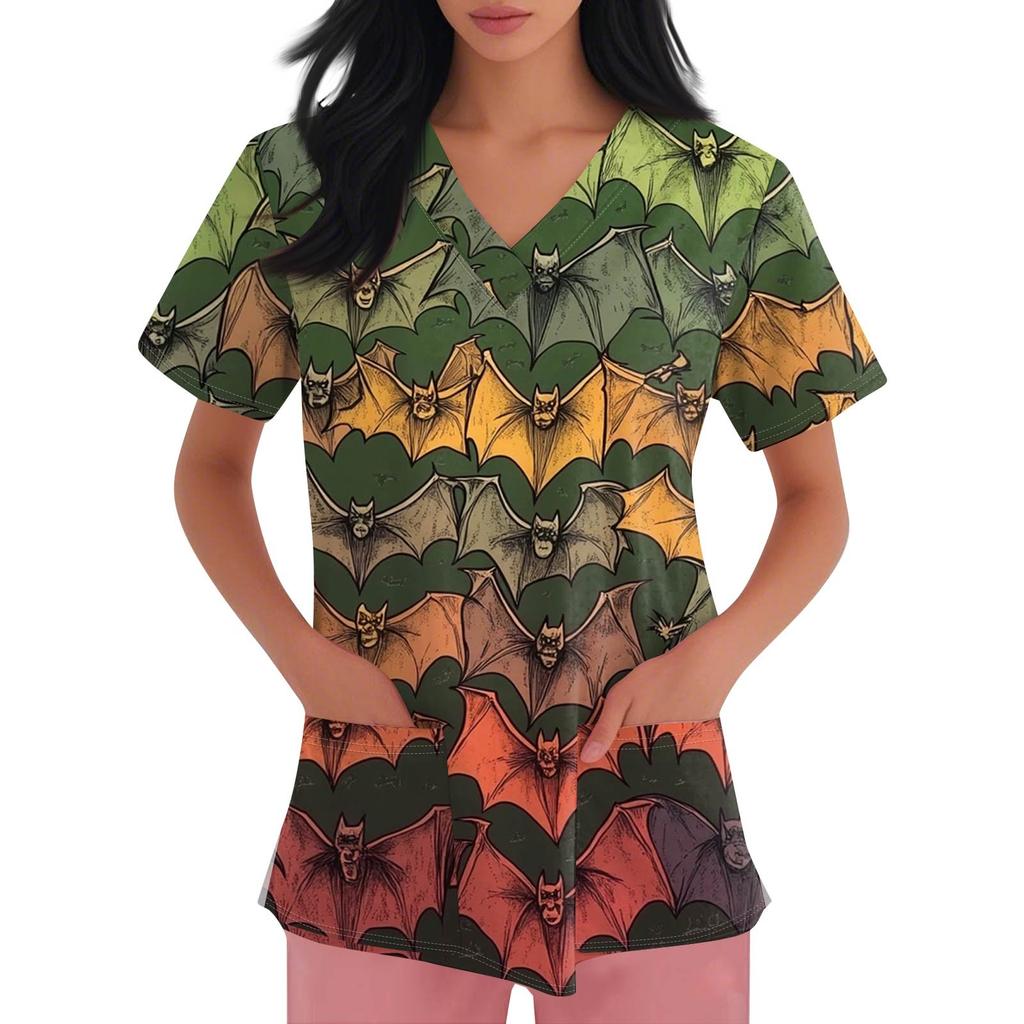 Women's Fashion V-neck Short-sleeved Work Uniform With Pockets, Halloween Print Top