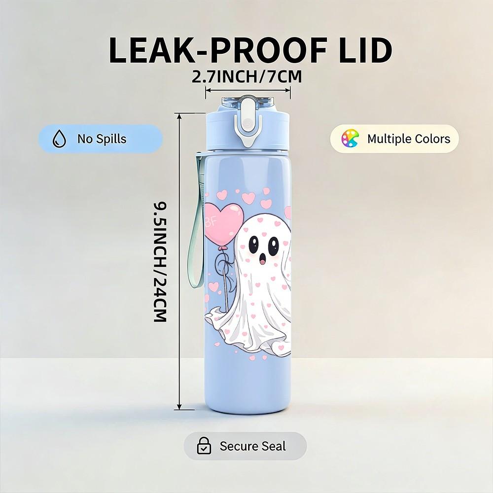1PC Little White Ghost With Heart Print 750ml Color Plastic Sports Water Bottle Leakproof Flip Straw Lid Suitable for Sports Office Home Use