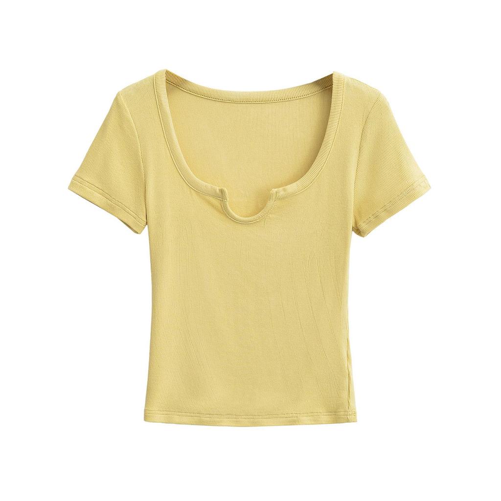 Summer 2025 European & American Style Ribbed Slim Fit U-Neck Short Sleeve Top