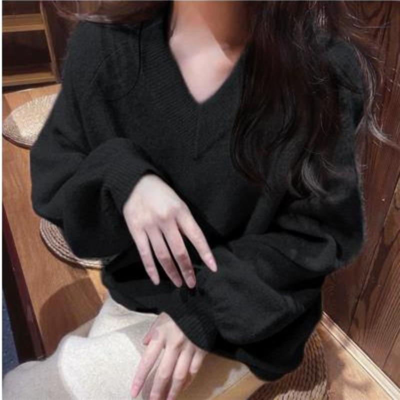 

Fashion V-neck Pullover Knitted Sweater for Women Autumn and Winter Vintage Loose Lantern Sleeve Base Sweater Women Elegant Casual Warm Knitwear 25277 One Size чёрный
